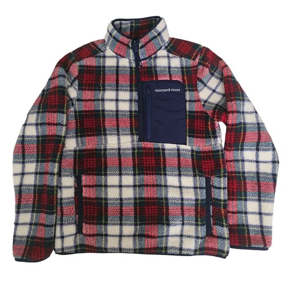 Vineyard Vines Red/Navy Blue Plaid Sherpa Fleece Half Zip Pullover Sweater XS - Picture 2 of 13